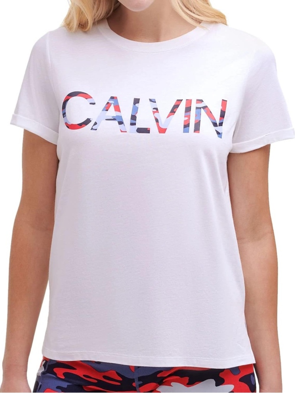 Calvin Klein White Graphic Logo Tee - White with Red & Blue Print